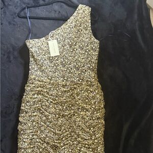 Ramy Brook Gold Asymmetrical Sequin Cocktail Dress